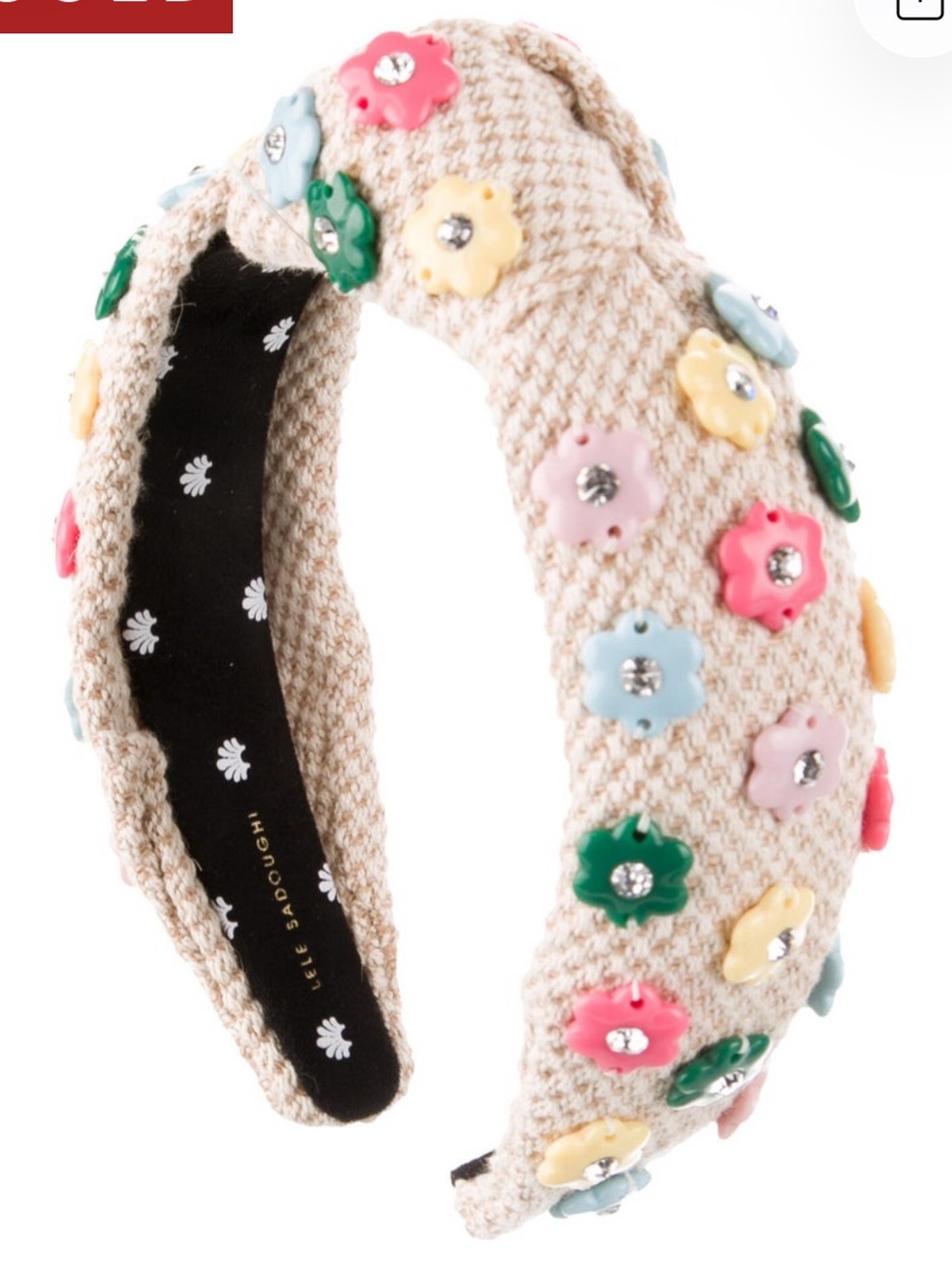 Lele Sadoughi Daphne Beige Knotted Headband with Multicolor Floral Charms